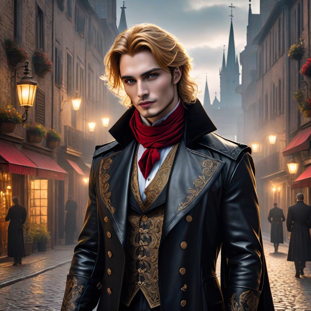  gothic style In the 19th century, a male magician, aged 25, with a scar on his face, wavy golden hair down to his shoulders, a medieval Italian city, a black leather coat, a red scarf, a clean face, handsome, young, beardless, a slim face, fair skin. . dark, mysterious, haunting, dramatic, ornate, detailed hyperrealistic, full body, detailed clothing, highly detailed, cinematic lighting, stunningly beautiful, intricate, sharp focus, f/1. 8, 85mm, (centered image composition), (professionally color graded), ((bright soft diffused light)), volumetric fog, trending on instagram, trending on tumblr, HDR 4K, 8K