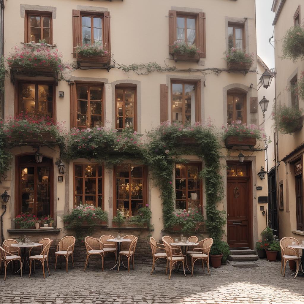  Ultra realistic image of a small café terrace in a quaint European village at morning. The café has a few wooden tables with red and white checkered tablecloths, freshly brewed coffee and croissants on the tables. Cobblestone streets and old, colorful buildings surround the café, with flowers in window boxes. The morning light casts a soft glow, enhancing the quiet and cozy atmosphere. All elements must be perfectly drawn and detailed hyperrealistic, full body, detailed clothing, highly detailed, cinematic lighting, stunningly beautiful, intricate, sharp focus, f/1. 8, 85mm, (centered image composition), (professionally color graded), ((bright soft diffused light)), volumetric fog, trending on instagram, trending on tumblr, HDR 4K, 8K