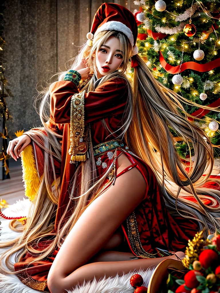  long hair,absurdly long hair,gyaru,ponytail,messy hair, hair,open mouth,drooling,saliva trail,unconscious,,santa, dress,bare legs, old  hyperrealistic, full body, detailed clothing, highly detailed, cinematic lighting, stunningly beautiful, intricate, sharp focus, f/1. 8, 85mm, (centered image composition), (professionally color graded), ((bright soft diffused light)), volumetric fog, trending on instagram, trending on tumblr, HDR 4K, 8K