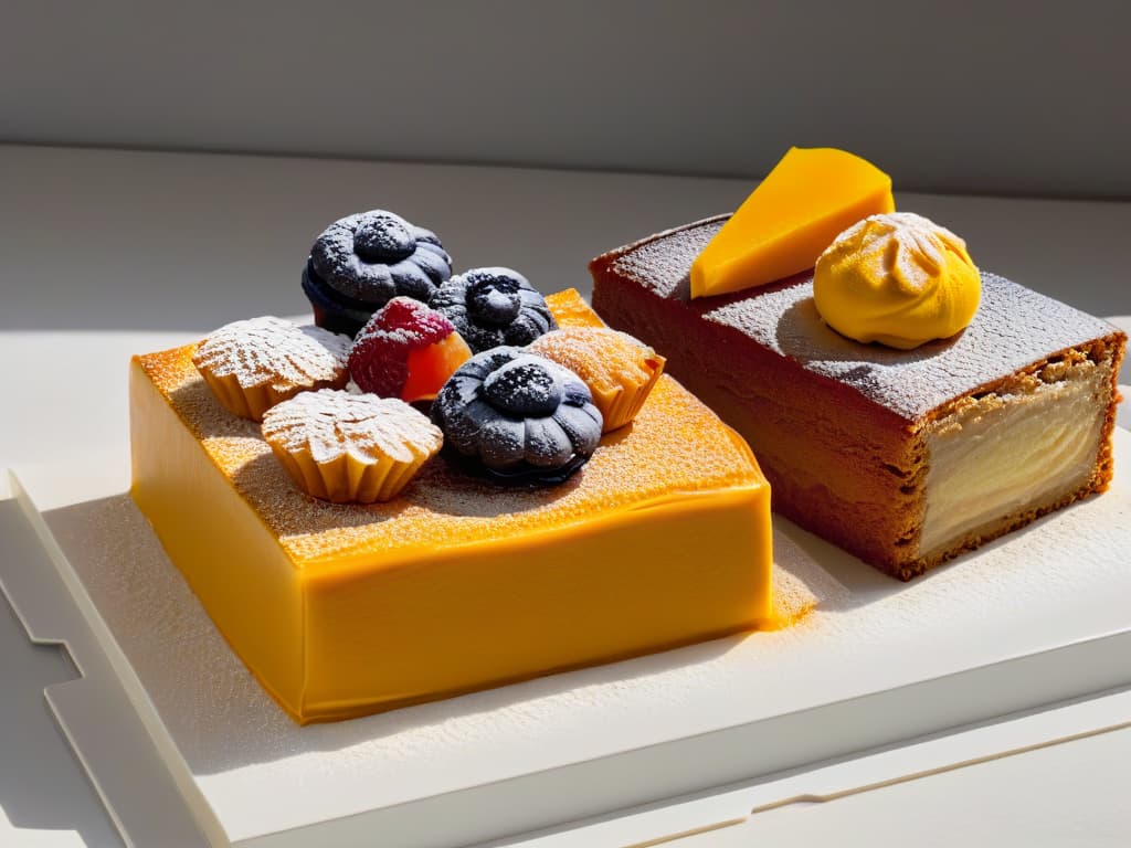  An ultradetailed image of a sleek, modern kitchen counter filled with an array of colorful and intricately designed pastries and confectioneries. The pastries are delicately arranged in a visually appealing manner, showcasing a variety of shapes, textures, and colors that highlight the artistry and creativity involved in pastry making. The minimalist style of the image focuses on the intricate details and craftsmanship of the pastries, emphasizing the elegance and sophistication of the culinary art form. hyperrealistic, full body, detailed clothing, highly detailed, cinematic lighting, stunningly beautiful, intricate, sharp focus, f/1. 8, 85mm, (centered image composition), (professionally color graded), ((bright soft diffused light)), volumetric fog, trending on instagram, trending on tumblr, HDR 4K, 8K