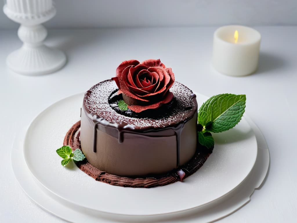  An ultradetailed image of a pristine white plate adorned with a decadent chocolate lava cake, topped with a single vibrant red rose petal delicately placed next to a sprig of fresh mint. The glossy chocolate oozes from the center, creating a visually enticing contrast against the immaculate white backdrop. The play of light and shadow highlights the textures of the dessert, while the subtle aroma of rose and mint seems to waft gently from the image, evoking a sense of indulgence and sophistication. hyperrealistic, full body, detailed clothing, highly detailed, cinematic lighting, stunningly beautiful, intricate, sharp focus, f/1. 8, 85mm, (centered image composition), (professionally color graded), ((bright soft diffused light)), volumetric fog, trending on instagram, trending on tumblr, HDR 4K, 8K