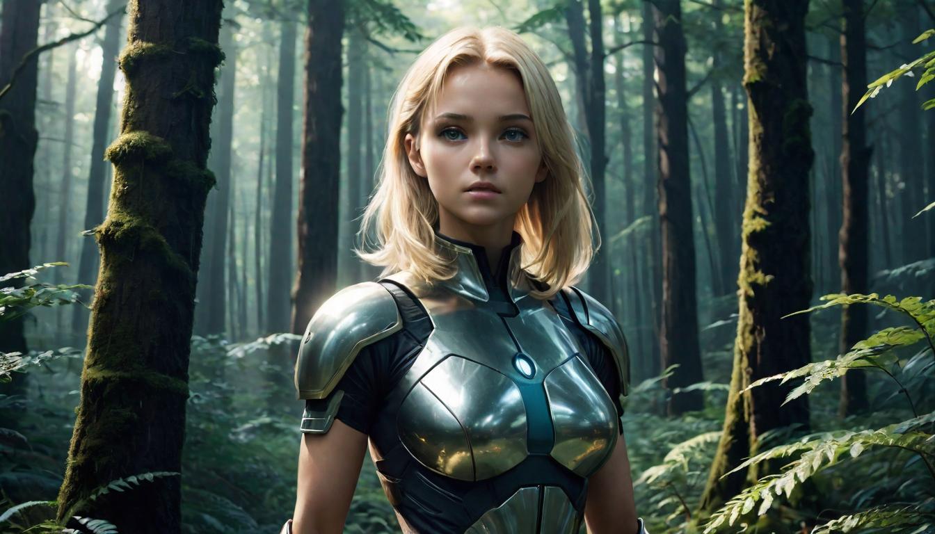  1girl, large busted attractive blonde arian female humanoid, solitary path through a forest, sense of purpose, calm yet determined expression, high tech clothing clad in sleek, futuristic costume with metallic accents and form fitting designs, marvel superhero comics style, unreal engine rendering