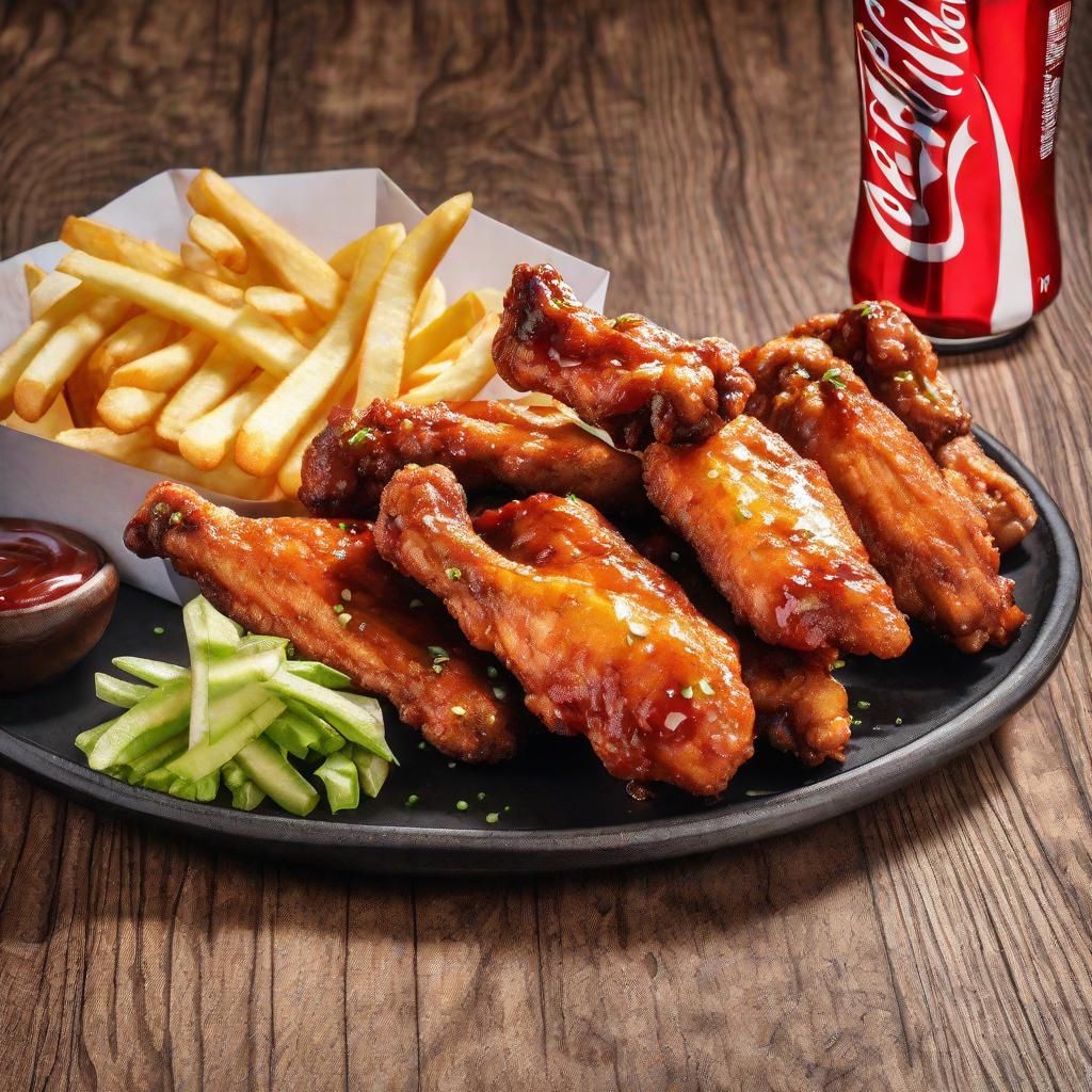  chicken wings, menu,with French fries, Coca Cola