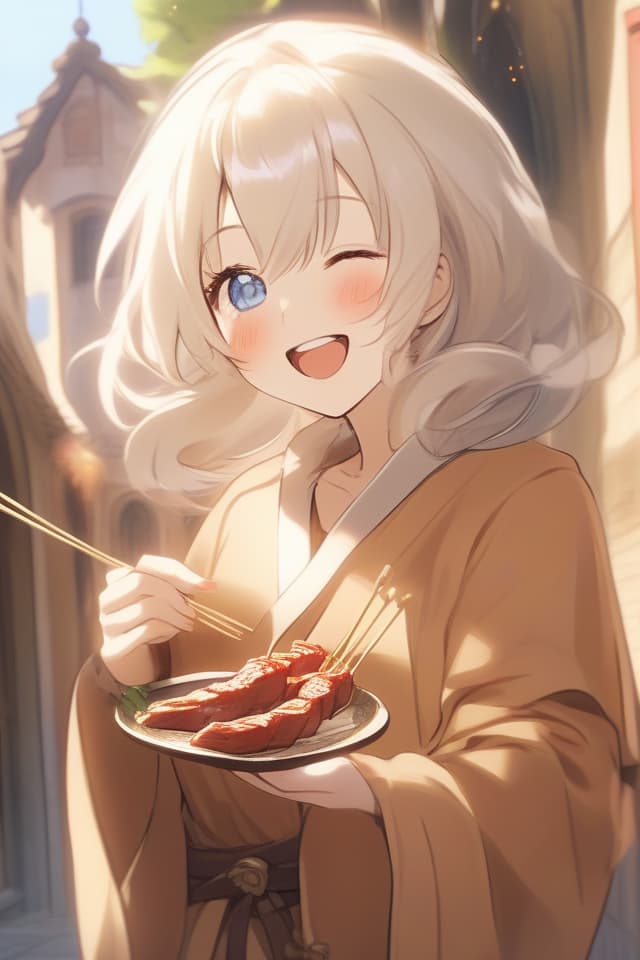  Masterpiece,one woman,old style,((( in lightbrown robe))),((フード付)),natural light,sunlight,delicate white hair color,glowing hair color,delicate blue eye color,eyes filled with light,happy smile,holding one meat skewer,eating meat,looking happy,blissful,close up of face,in medieval city,super high quality,8K