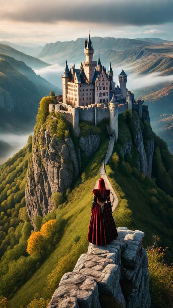  A fantasy castle perched atop a towering cliff, overlooking a vast valley. hyperrealistic, full body, detailed clothing, highly detailed, cinematic lighting, stunningly beautiful, intricate, sharp focus, f/1. 8, 85mm, (centered image composition), (professionally color graded), ((bright soft diffused light)), volumetric fog, trending on instagram, trending on tumblr, HDR 4K, 8K