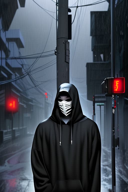  A-TaC , Josh, Epitomistic, Doormentor, The Catentions, He’s Tall all black hoodie up all white mask on face kind of like Jason, standing under street pole in the dark while heavily raining, spotting his enemy , kind of like grim reaper, god of darkness and winter