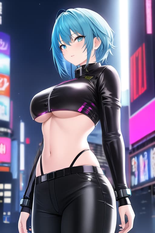  masterpiece,best quality,CG,wallpaper,HDR,high quality,high-definition,extremely detailed, 1girl, cloud, sky, aqua eyes, night, big, night sky, short hair, looking at viewer, (cyan hair with pink streaks ), (cyberpunk city), Tokyo, (dark atmosphere), glare, Iridescent, Global illumination, real hair movement, realistic light, realistic shadow robots extremely detailed 8K, high resolution, Giantess growing in leather pants