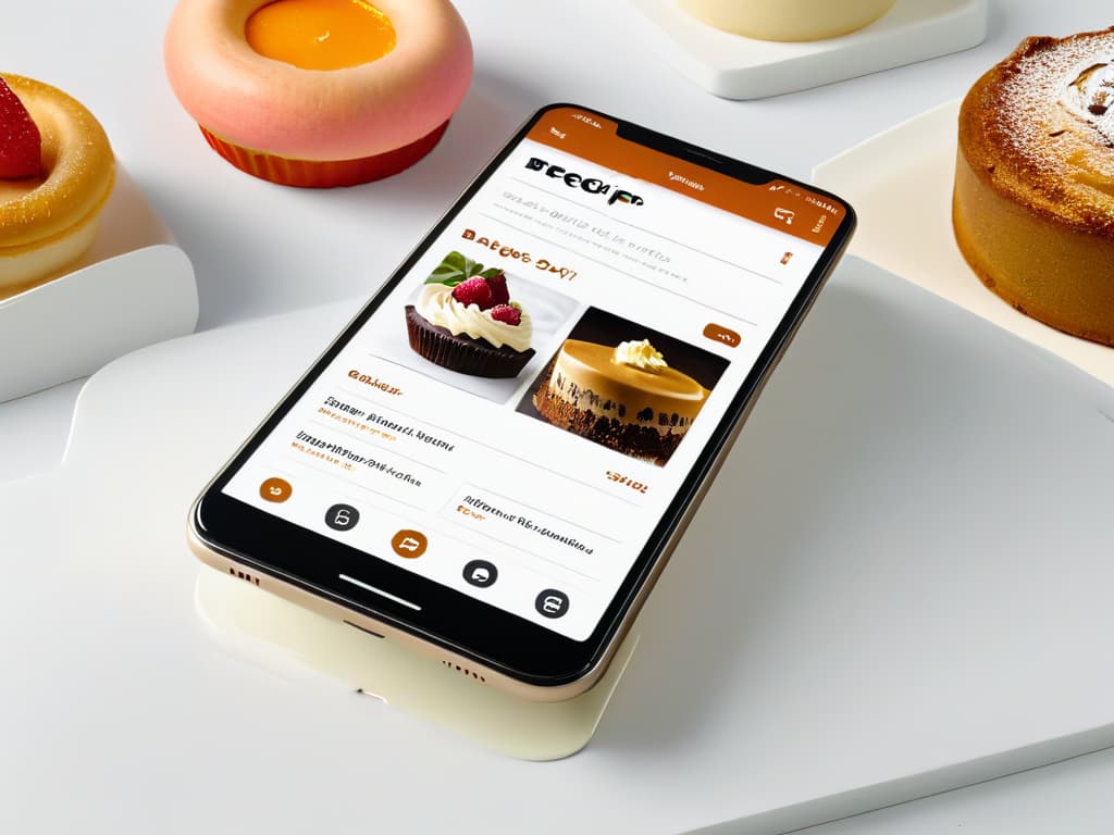  A closeup, highresolution image of a sleek, modern smartphone displaying a sophisticated baking app interface. The screen shows a beautifully designed recipe with vibrant images of decadent desserts, elegant typography, and intuitive navigation icons. The background is a soft, neutral color to highlight the app's minimalist and professional aesthetic, appealing to innovative pastry chefs seeking inspiration and tools to elevate their creations. hyperrealistic, full body, detailed clothing, highly detailed, cinematic lighting, stunningly beautiful, intricate, sharp focus, f/1. 8, 85mm, (centered image composition), (professionally color graded), ((bright soft diffused light)), volumetric fog, trending on instagram, trending on tumblr, HDR 4K, 8K