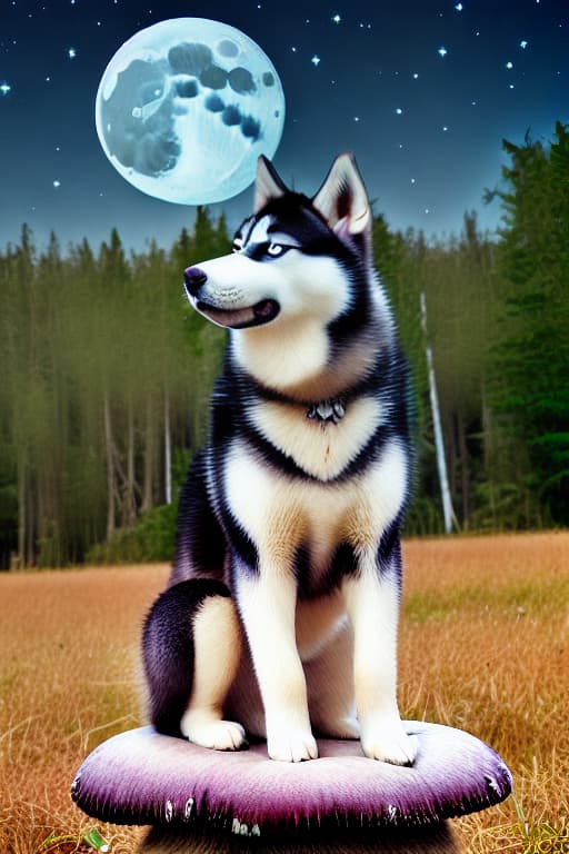  Husky Sitting on a mushroom staring at the moon