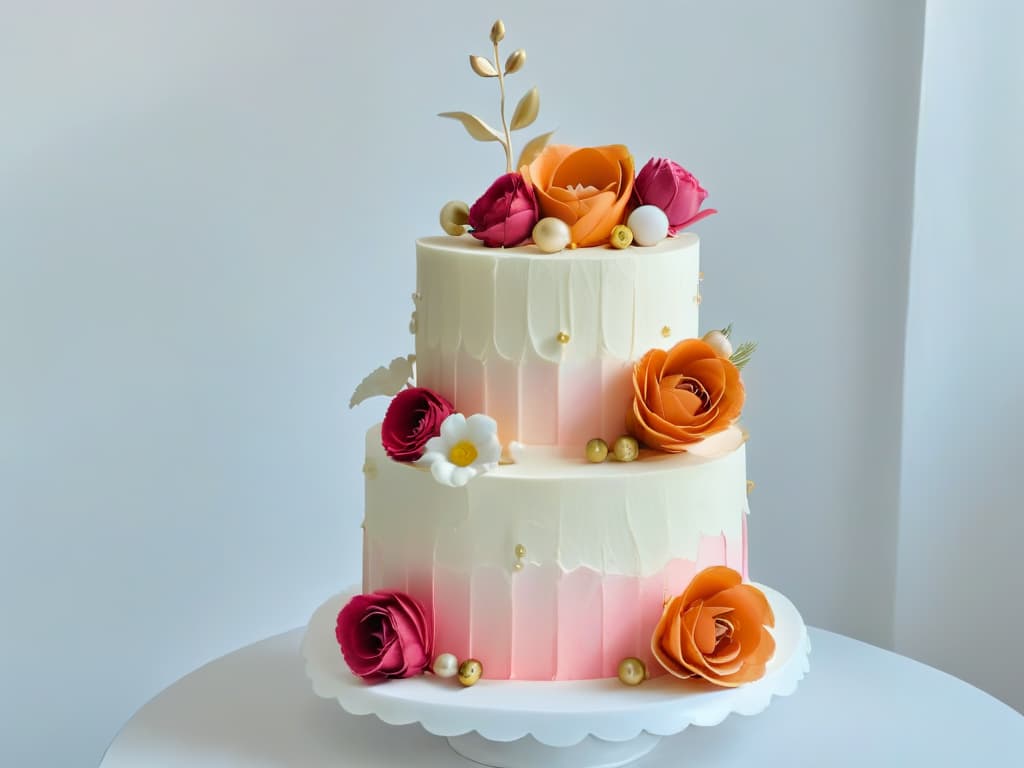  A photorealistic image of a meticulously decorated glutenfree threetiered wedding cake. The cake is elegantly adorned with intricate sugar flowers in various shades of pink, white, and gold, showcasing impeccable craftsmanship and attention to detail. Each flower is delicately handcrafted, with petals so lifelike that they appear almost real, creating a stunning visual impact. The cake is displayed on a pristine white cake stand, set against a soft, blurred background to emphasize its beauty and artistry. hyperrealistic, full body, detailed clothing, highly detailed, cinematic lighting, stunningly beautiful, intricate, sharp focus, f/1. 8, 85mm, (centered image composition), (professionally color graded), ((bright soft diffused light)), volumetric fog, trending on instagram, trending on tumblr, HDR 4K, 8K