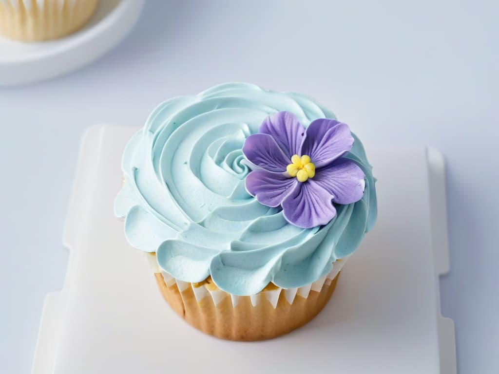  An ultradetailed closeup image of a beautifully decorated cupcake, showcasing intricate frosting swirls in pastel colors with delicate edible flowers as toppings, set against a clean white background to emphasize the artistry and craftsmanship of themed merchandising in bakery branding. hyperrealistic, full body, detailed clothing, highly detailed, cinematic lighting, stunningly beautiful, intricate, sharp focus, f/1. 8, 85mm, (centered image composition), (professionally color graded), ((bright soft diffused light)), volumetric fog, trending on instagram, trending on tumblr, HDR 4K, 8K