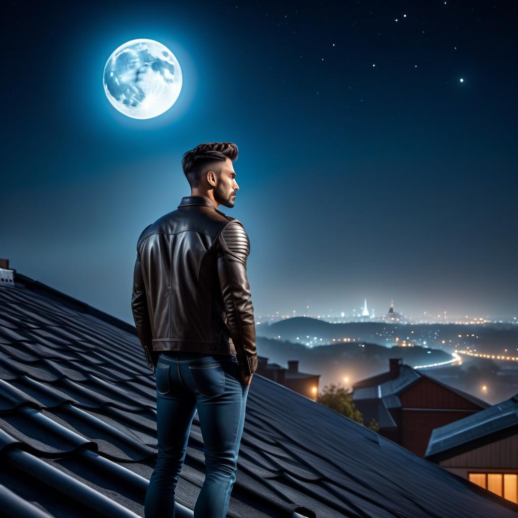  A man with a short haircut stands on the roof, looking back, at night, against the backdrop of the Moon, photorealistic, 4k. hyperrealistic, full body, detailed clothing, highly detailed, cinematic lighting, stunningly beautiful, intricate, sharp focus, f/1. 8, 85mm, (centered image composition), (professionally color graded), ((bright soft diffused light)), volumetric fog, trending on instagram, trending on tumblr, HDR 4K, 8K