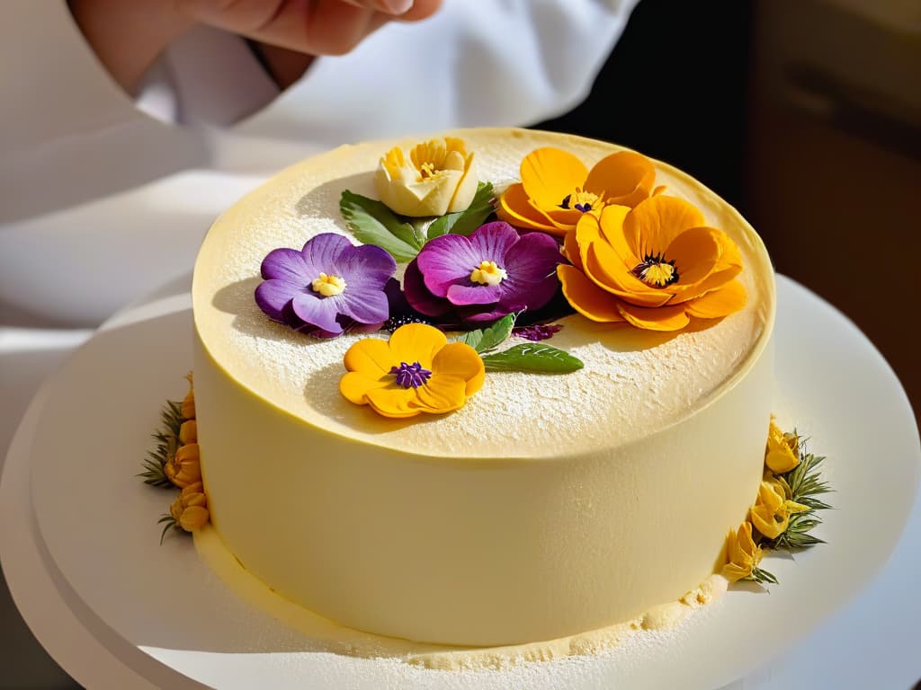  An ultradetailed image of a delicate, intricate pastry being meticulously decorated with vibrant edible flowers and gold leaf by a skilled pastry chef's hands. The focus is on the chef's precise movements, capturing the artistry and precision involved in creating a visually stunning dessert. The minimalistic style emphasizes the beauty of the pastry and the chef's craftsmanship, highlighting the sensory experience of pastry making. hyperrealistic, full body, detailed clothing, highly detailed, cinematic lighting, stunningly beautiful, intricate, sharp focus, f/1. 8, 85mm, (centered image composition), (professionally color graded), ((bright soft diffused light)), volumetric fog, trending on instagram, trending on tumblr, HDR 4K, 8K