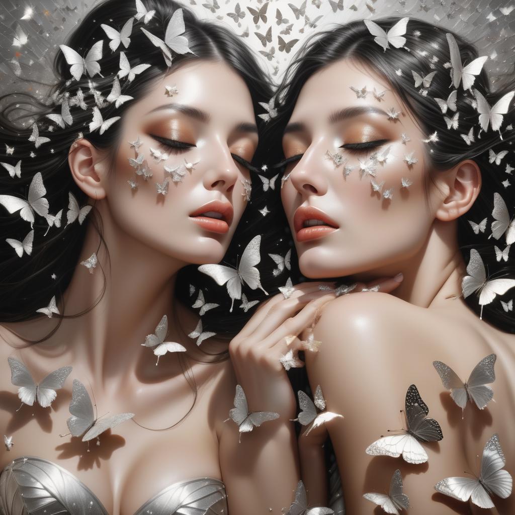  photo RAW, ( ultrarealistic, hyperrealistice, hyperdetailed:shattered into thousands of silver butterflies, scattering into a breeze of silver twinkling stars.  Maria and Carlos had backed a couple of steps away, they couldn’t help but sigh in awe with there beautiful eyes wide open. This sight truly was as beautiful as a fantastic dream), masterpiece, award winning photography, natural light, perfect composition, high detail, hyper realistic, add depth, water background, (real humans:1.5),(highly detailed beautiful eyes) hyperrealistic, full body, detailed clothing, highly detailed, cinematic lighting, stunningly beautiful, intricate, sharp focus, f/1. 8, 85mm, (centered image composition), (professionally color graded), ((bright soft diffused light)), volumetric fog, trending on instagram, trending on tumblr, HDR 4K, 8K
