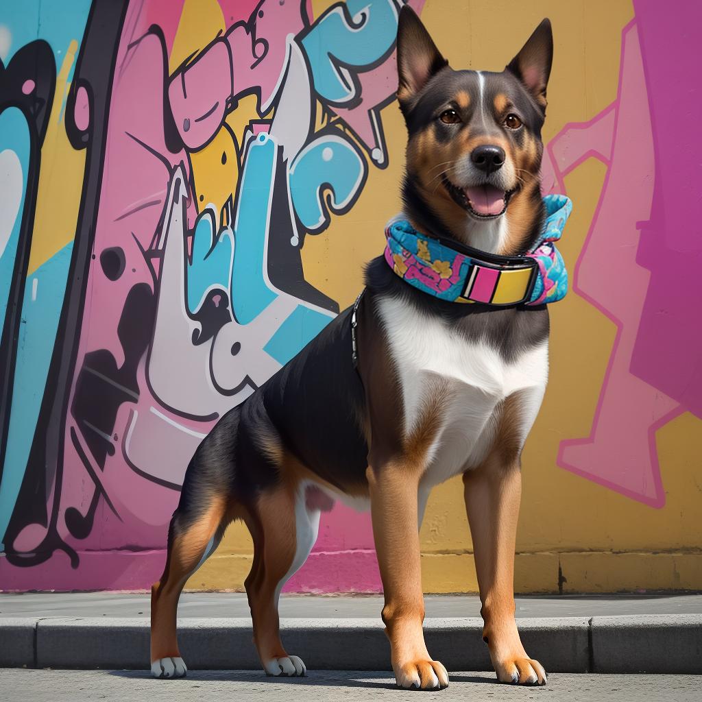  masterpiece, best quality, A brown dog with big grey eyes stands confidently in a bustling urban environment, wearing a stylish outfit that exudes coolness. The dog is positioned in front of a vibrant graffiti-covered wall, showcasing the vibrant street art culture. The atmosphere is energetic and youthful, with a sense of adventure and urban exploration. The style is a vibrant and dynamic photograph, capturing the dog's personality and fashion sense. The lighting is natural, with the warm rays of the sun casting a flattering glow on the dog's stylish attire. The photograph is captured with a high-quality DSLR camera, using a shallow depth of field to highlight the dog's expressive eyes and fashionable outfit.