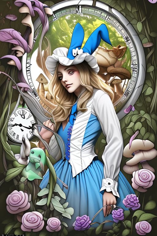  Alice looking though a keyhole, in that keyhole there is a rabbit with a clock, the mad hatter’s hat, mushrooms and a carterpilla