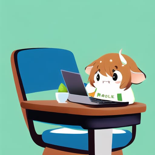  cute tiny cow working on labtop wearing a green hoodie, sitting on a chair, ☕️ on desk