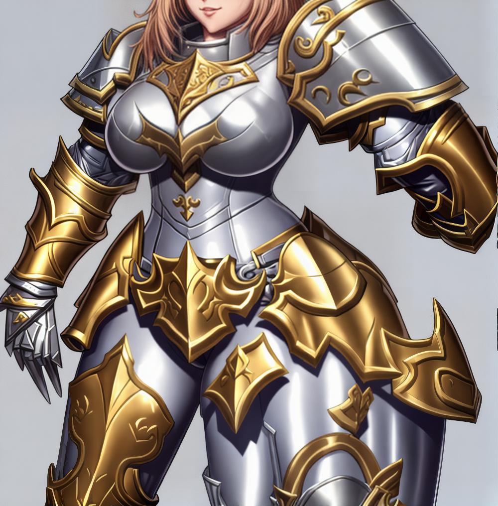  <lora:Roadi3-NAI-LyCORIS:0.8> a proud female paladin with some very healthy thighs wearing full armor, cross, pauldrons, gauntlets, gold_trim, simple background