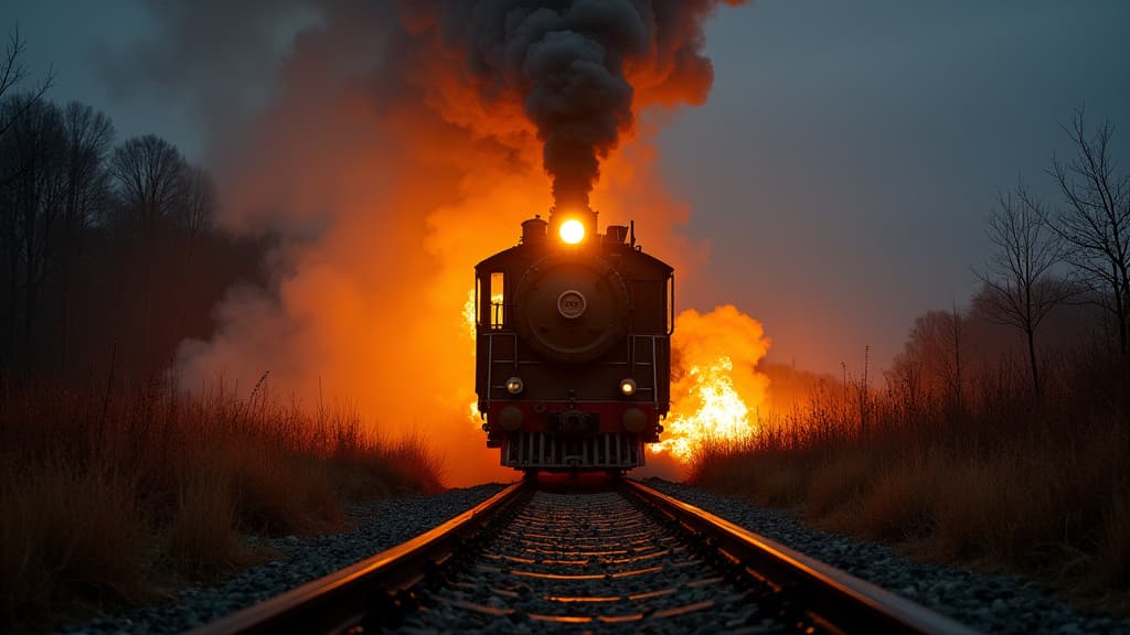  good quality, high quality, a steam train speeds through a dark, fiery landscape at night, with intense smoke and fire illuminating the surroundings. the image creates a thrilling and intense atmosphere, evoking adventure and