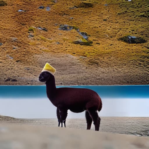  an Alpaca with a bobble hat is drinking a cup of coffee, standing at the beach of the rough baltic see. the sunlight is diffused.