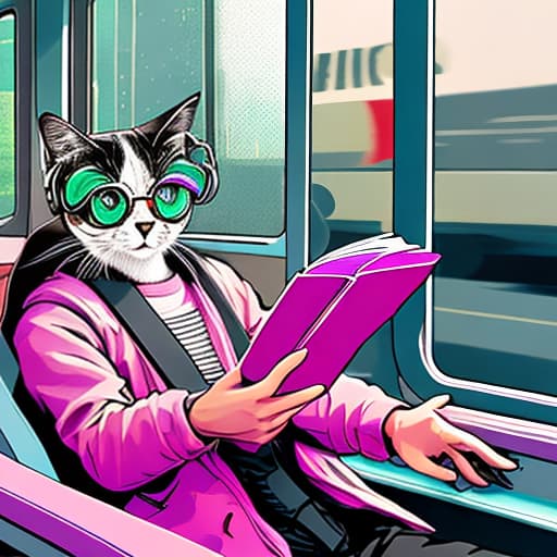 nvinkpunk Realistic image of a cat wearing headphones and reading glasses while riding a bus.