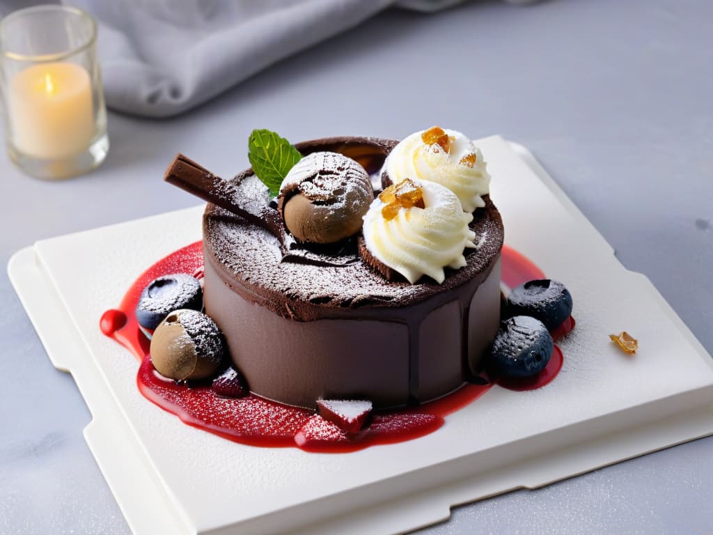  A closeup, ultradetailed image of a decadent chocolate lava cake with a rich molten center, topped with a scoop of creamy vanilla bean ice cream and drizzled with a glossy raspberry coulis, presented on an elegant white plate with a dusting of powdered sugar and garnished with fresh mint leaves. The dessert is paired with a crystal clear glass of ruby red dessert wine, showcasing its deep color and inviting reflections of light, set on a sophisticated marble tabletop with soft, ambient lighting that enhances the textures and colors of the dessert and drink. hyperrealistic, full body, detailed clothing, highly detailed, cinematic lighting, stunningly beautiful, intricate, sharp focus, f/1. 8, 85mm, (centered image composition), (professionally color graded), ((bright soft diffused light)), volumetric fog, trending on instagram, trending on tumblr, HDR 4K, 8K