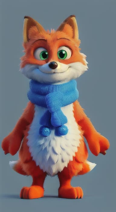  {Error the fox pressing the blue button with his paw, looking puzzled as nothing occurs., Error is a small, bright orange fox with a fluffy tail and big, inquisitive eyes. He has a mischievous yet kind expression and wears a tiny green scarf.