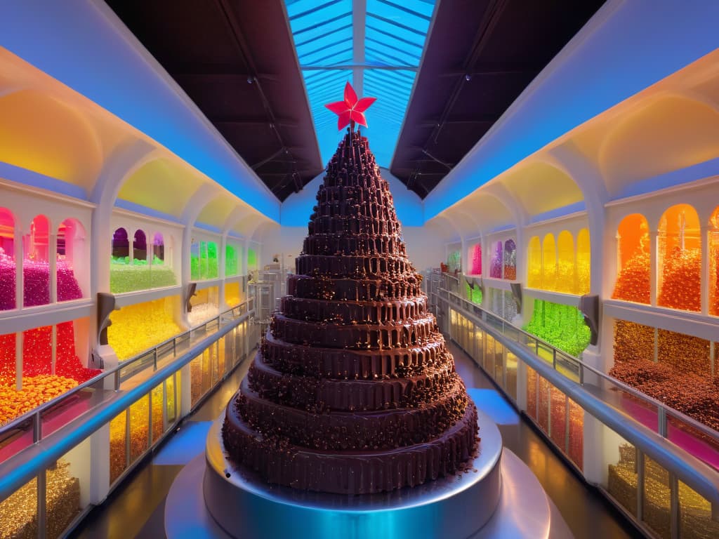  An ultradetailed image of a whimsical chocolate factory, reminiscent of Willy Wonka's factory, filled with intricate machinery producing an array of delectable chocolates. The scene includes colorful candy trees, chocolate rivers, and Oompa Loompas joyfully working alongside large vats of melting chocolate. Sunlight streams through stained glass windows, casting a magical glow over the fantastical factory floor. The attention to detail captures the essence of a truly enchanting and secret chocolatemaking paradise. hyperrealistic, full body, detailed clothing, highly detailed, cinematic lighting, stunningly beautiful, intricate, sharp focus, f/1. 8, 85mm, (centered image composition), (professionally color graded), ((bright soft diffused light)), volumetric fog, trending on instagram, trending on tumblr, HDR 4K, 8K