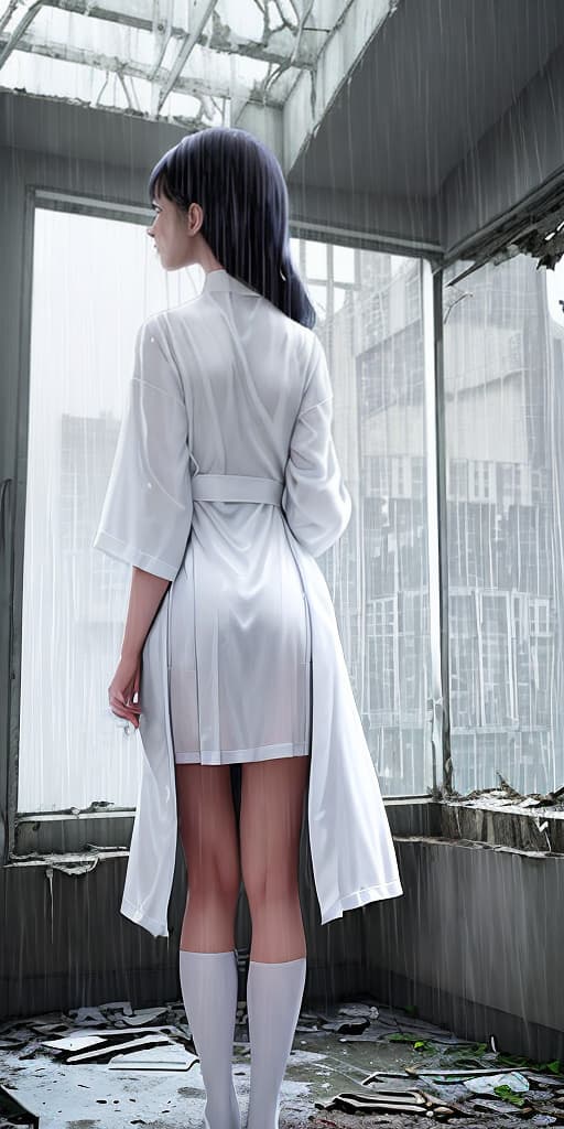  girl-doctor, white stockings, short robe, it’s raining, in an abandoned building, with her back