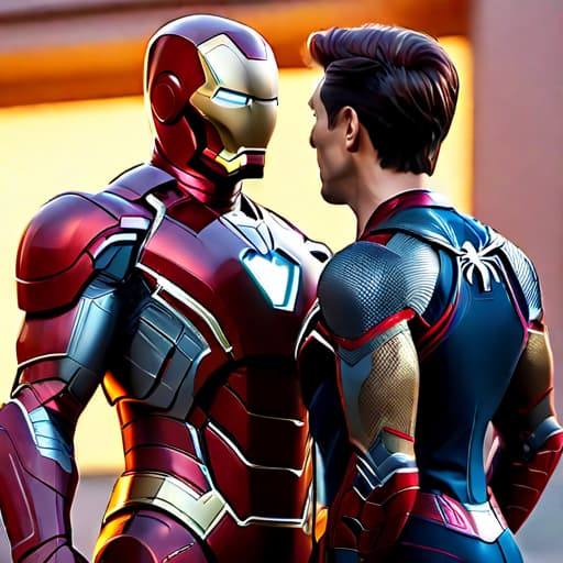  Iron Man and Spider-Man face each other, standing about 10 feet apart. hyperrealistic, full body, detailed clothing, highly detailed, cinematic lighting, stunningly beautiful, intricate, sharp focus, f/1. 8, 85mm, (centered image composition), (professionally color graded), ((bright soft diffused light)), volumetric fog, trending on instagram, trending on tumblr, HDR 4K, 8K
