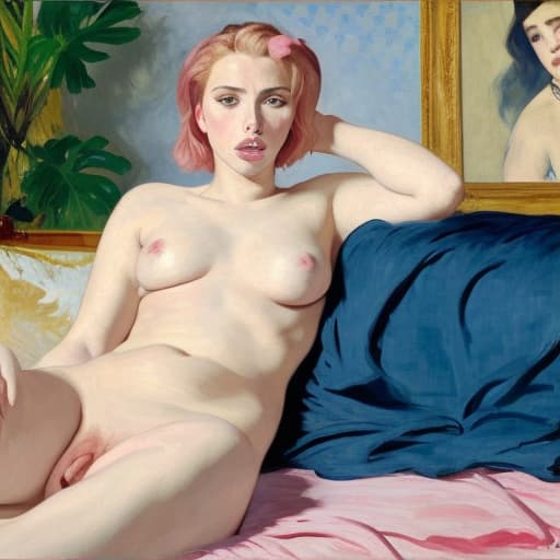  Reclining Scarlett Johansson (naked)(with pink cheeks)(painted in the style of Édouard Manet)