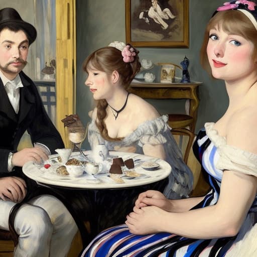  Happy beautiful Taylor Swift with pink cheeks and streaks of sunshine, gazing at a piece of fine dark chocolate, painted in the style of Édouard Manet. Foreground has a plate of fine dark chocolates on a coffee table. Background has a thoroughbred horses, white horse fences, limestone fences