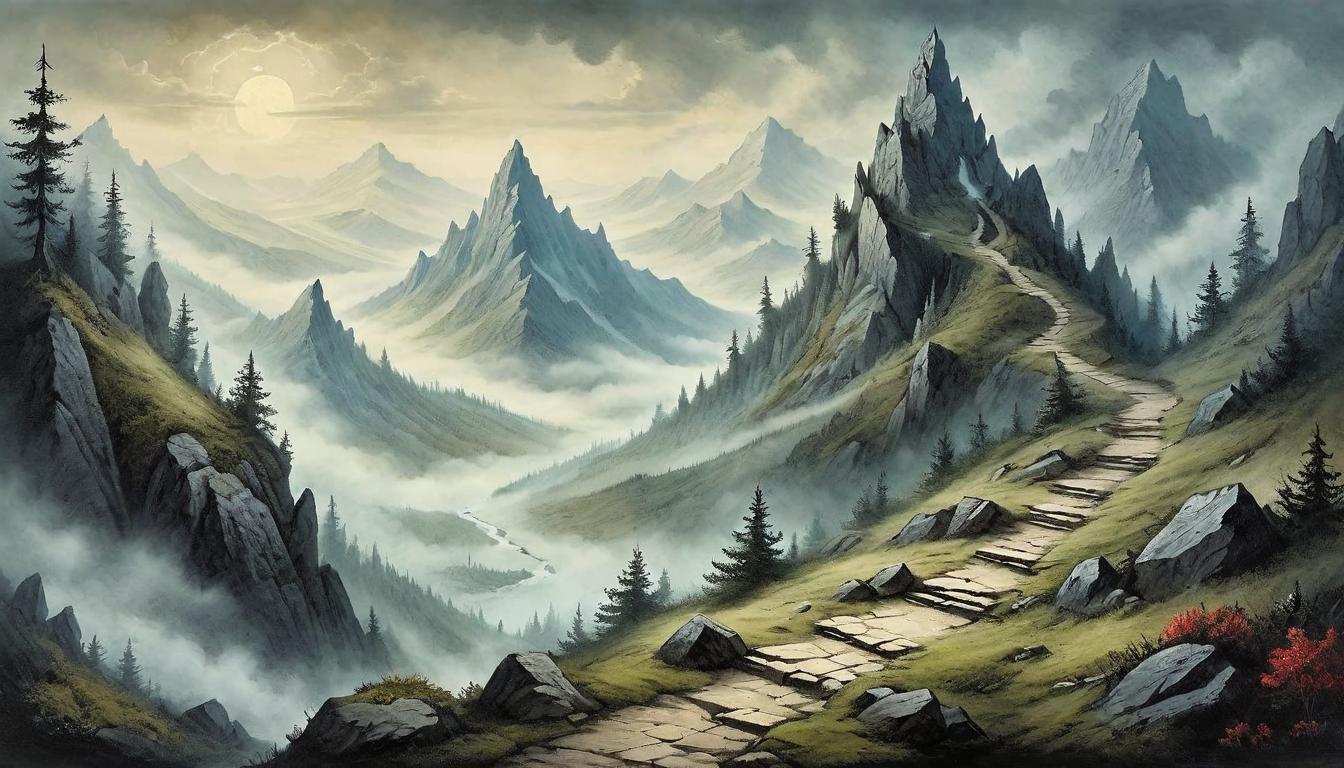  on parchment, surrealism+++, A steep, rocky path leading up a mountain, its summit veiled in mist, emblematic of a challenging journey, arduous, solitary, ascent to enlightenment(mysterious, provocative, symbolic,muted color)+++