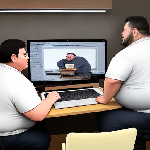  A fat man was sitting on a chair, using a laptop computer. A woman was sitting opposite him, using a desktop computer. Four men stood on the right side of the fat man, all of whom were wearing white coats.