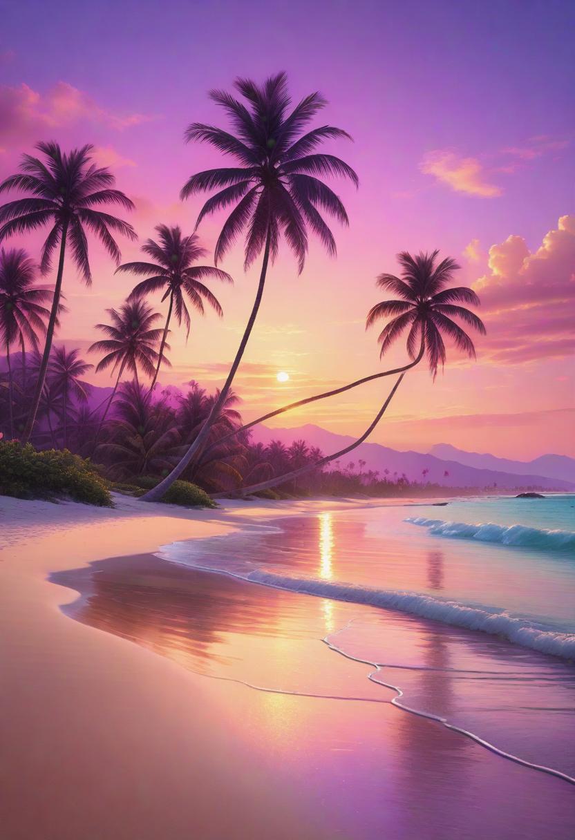  A serene tropical beach at sunset, with palm trees swaying gently in the warm breeze. The sky is painted in vibrant hues of pink, orange, and purple, casting a soft, golden glow over the sandy shore. The water is calm and crystal clear, reflecting the colors of the sky. hyperrealistic, full body, detailed clothing, highly detailed, cinematic lighting, stunningly beautiful, intricate, sharp focus, f/1. 8, 85mm, (centered image composition), (professionally color graded), ((bright soft diffused light)), volumetric fog, trending on instagram, trending on tumblr, HDR 4K, 8K