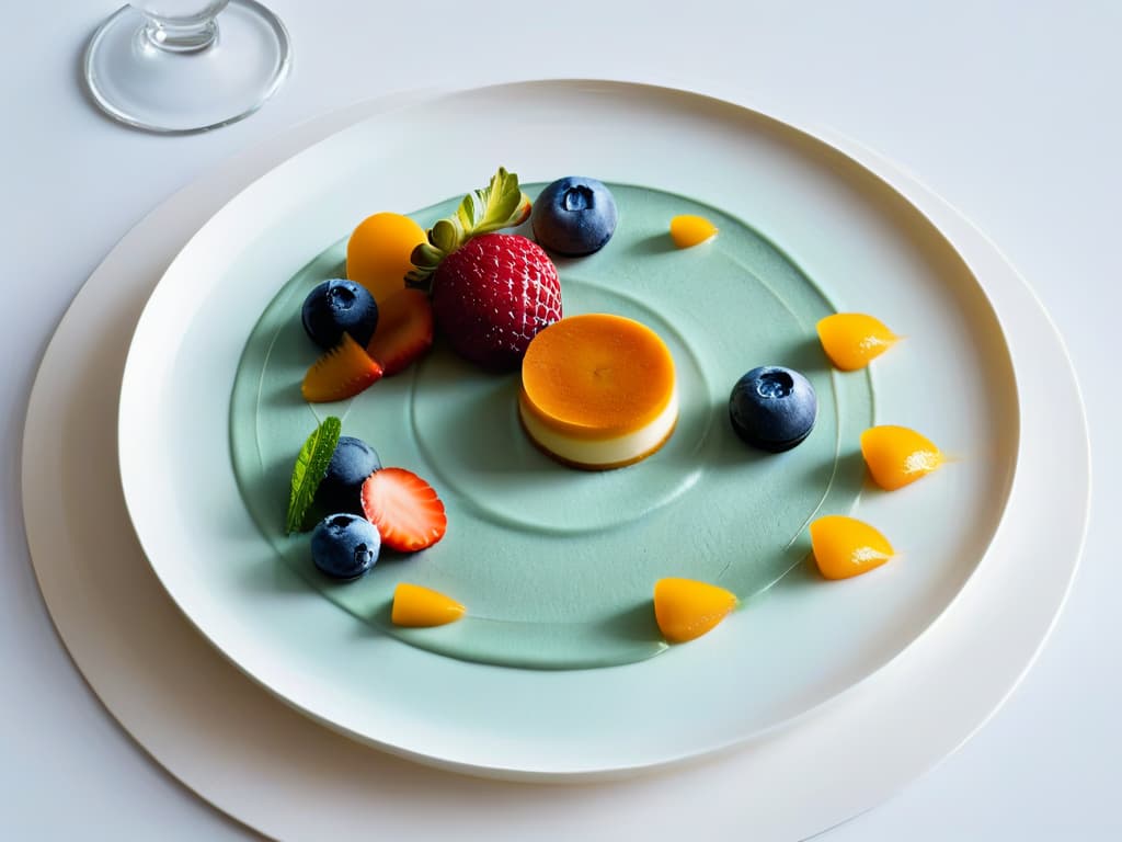  A minimalist image of a sleek, modern dessert plating featuring vibrant, colorful components meticulously arranged on a pristine white plate. Each element is carefully placed to create a visually striking and aesthetically pleasing presentation, showcasing the importance of design in creating impactful multisensory desserts. The image captures the essence of elegance and sophistication in dessert design, serving as a visual inspiration for creating stunning and visually enticing culinary creations. hyperrealistic, full body, detailed clothing, highly detailed, cinematic lighting, stunningly beautiful, intricate, sharp focus, f/1. 8, 85mm, (centered image composition), (professionally color graded), ((bright soft diffused light)), volumetric fog, trending on instagram, trending on tumblr, HDR 4K, 8K