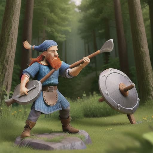  Viking  holding a shield and an axe in a forested background —ar 293:151