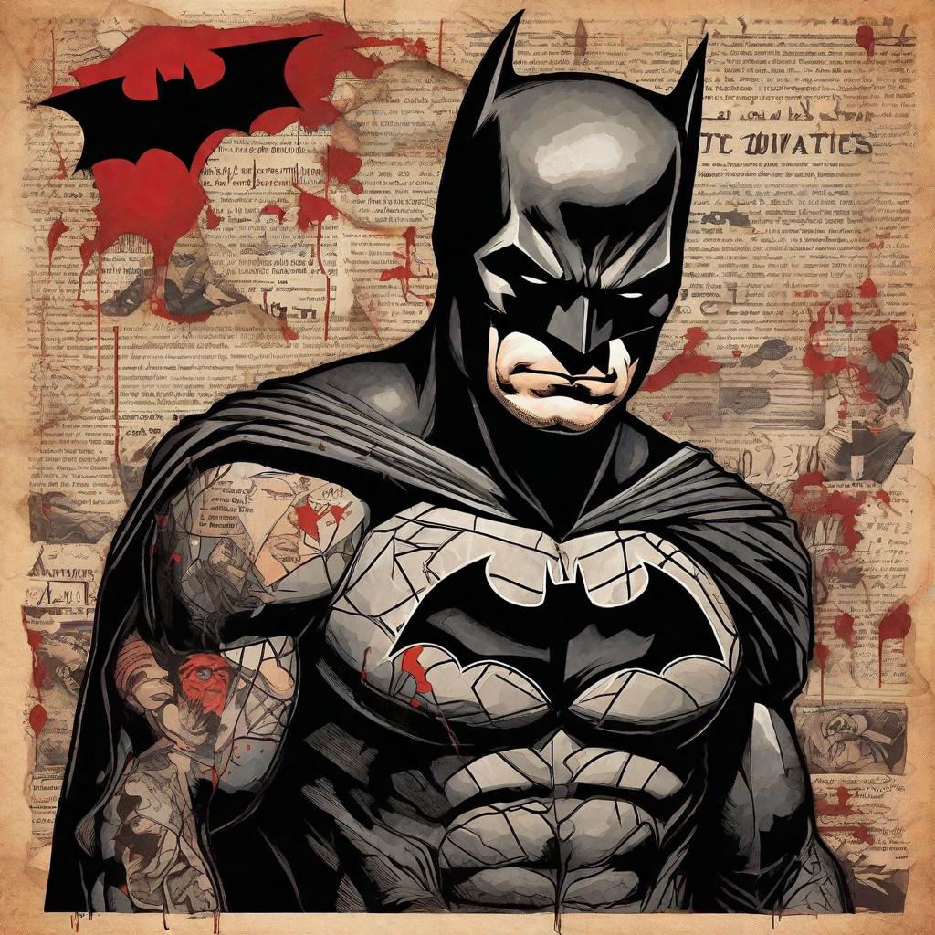  masterpiece, best quality, An artistic, mixed media illustration of Batman's tattoo. The tattoo is shown on a larger canvas, combining elements of photography, painting, and collage. The background is a collage of newspaper clippings, showcasing headlines about crime and corruption in Gotham City. The silhouette of Batman's figure is painted in bold, contrasting colors, with splashes of red symbolizing the vigilante justice he represents. The atmosphere is mysterious and moody, with a sense of darkness and intrigue. The lighting is soft, casting a subtle glow on the tattoo and highlighting its unique details. The realization is done with a combination of traditional painting techniques and digital manipulation, giving the illustration a tex