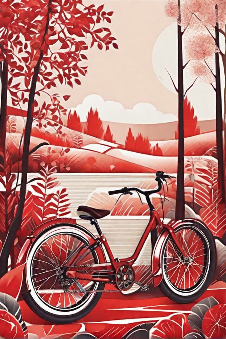  Unleash your creativity by bringing your ideas to life through a digital drawing. Add your unique flair to every stroke, creating a one-of-a-kind illustration that reflects your artistic vision: Red bike in a forest