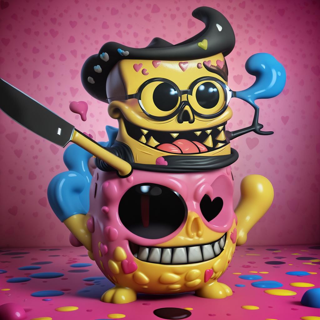  evil sponge bob with a large knife, high contrast, 3d octane render, ornate pop art painting, X's for eyes, gooey, graffiti inspired skulls, stars, hearts