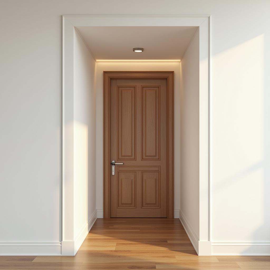  good quality, high quality, an elegant brown wooden door set against pure white walls in a minimalist interior with hardwood flooring, highlighted by soft ambient lighting and architectural details