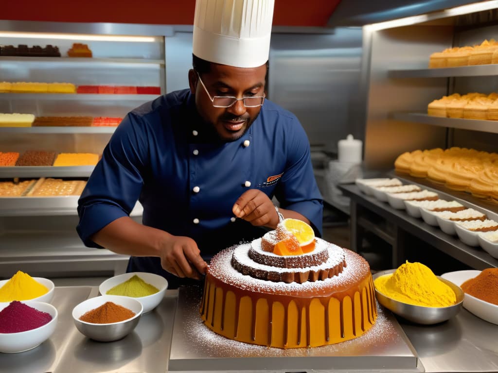  An ultradetailed, photorealistic image of a skilled pastry chef in a bustling African marketplace, deftly crafting a stunning dessert using traditional African techniques. The chef is surrounded by vibrant colors, unique ingredients, and curious onlookers, capturing the essence of the fusion of African culinary traditions with modern dessertmaking. The focus is on the intricate details of the dessert being created, showcasing the artistry and cultural richness of African dessert techniques. hyperrealistic, full body, detailed clothing, highly detailed, cinematic lighting, stunningly beautiful, intricate, sharp focus, f/1. 8, 85mm, (centered image composition), (professionally color graded), ((bright soft diffused light)), volumetric fog, trending on instagram, trending on tumblr, HDR 4K, 8K