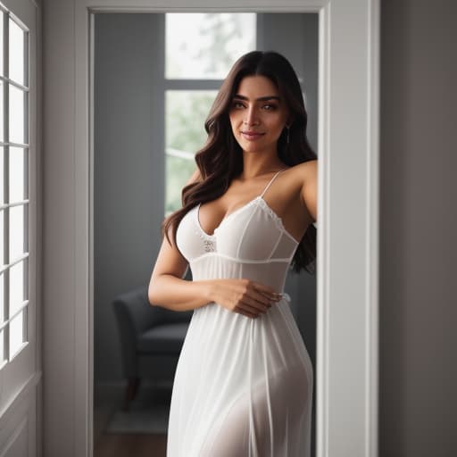  perfeito , agora mande uma imagem da mesma mulher pobre porém agora ela está de camisola transparente em seu quarto tirando uma selfie, manda uma imagem mais natural manda imagem Our poor Brazilian woman wears a light, translucent white nightgown that barely conceals her slim silhouette as she stands in front of a mirror within her modest room. The reflection captures every curve and contour of her body, casting delicate shadows against her skin from the faint moonlight streaming in through the window behind her. Her tousled hair falls gently around her face as she smiles softly at herself before gently posing for the camera. This tender image expresses vulnerability and natural beauty, depicting resilience despite hardships faced by ma hyperrealistic, full body, detailed clothing, highly detailed, cinematic lighting, stunningly beautiful, intricate, sharp focus, f/1. 8, 85mm, (centered image composition), (professionally color graded), ((bright soft diffused light)), volumetric fog, trending on instagram, trending on tumblr, HDR 4K, 8K