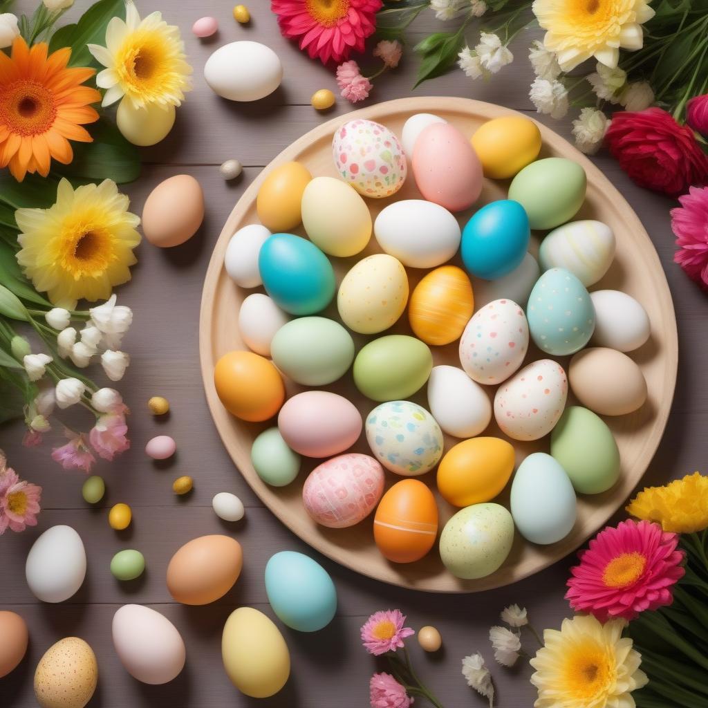  You are an artist, draw a picture with the bright holiday of Easter.Festive table, Easter pie, painted eggs, flowers