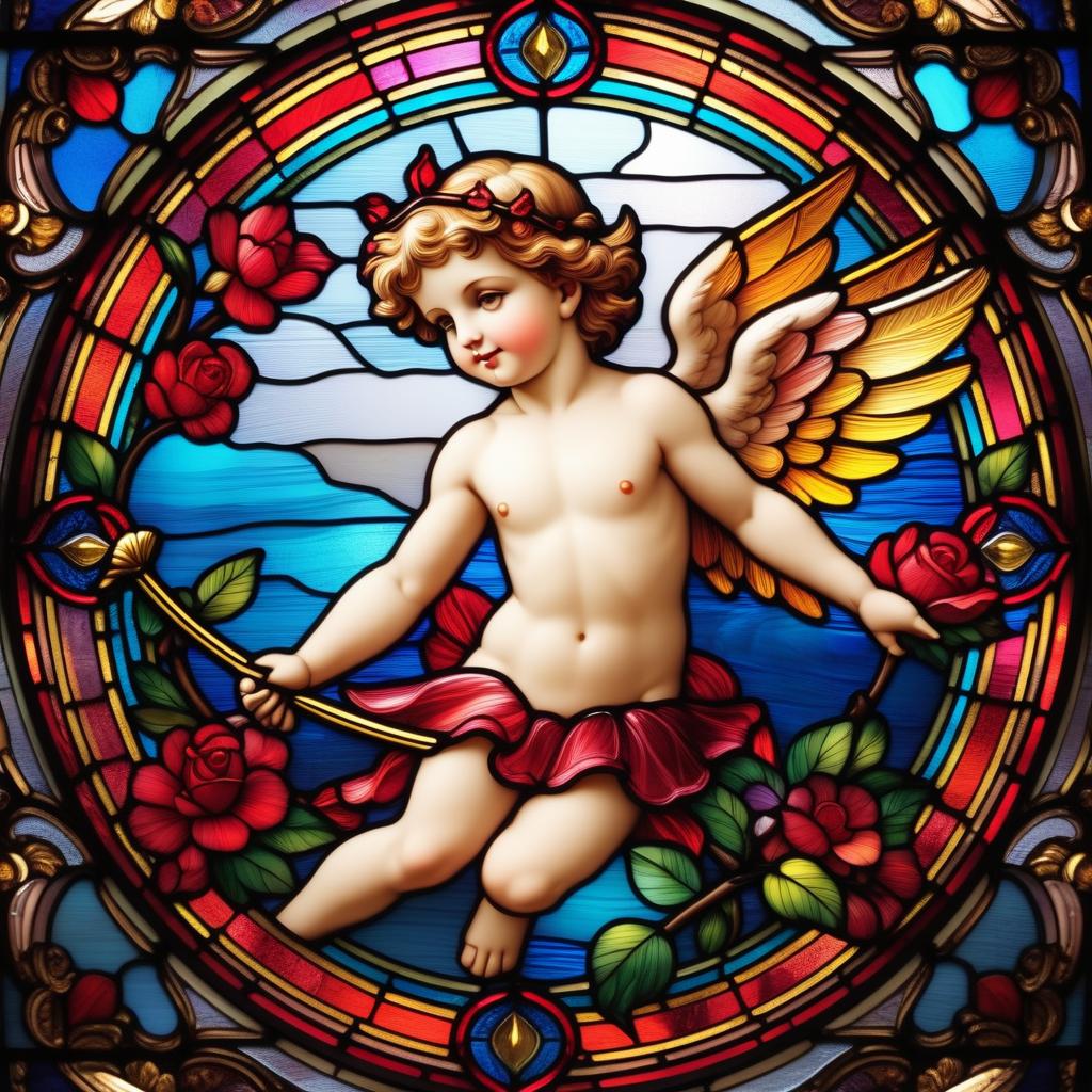  stained glass style Cupid . vibrant, beautiful, translucent, intricate, detailed