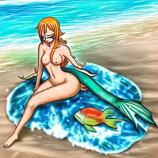  unclothed NAMI from one piece with a fish tail washed up on the beach