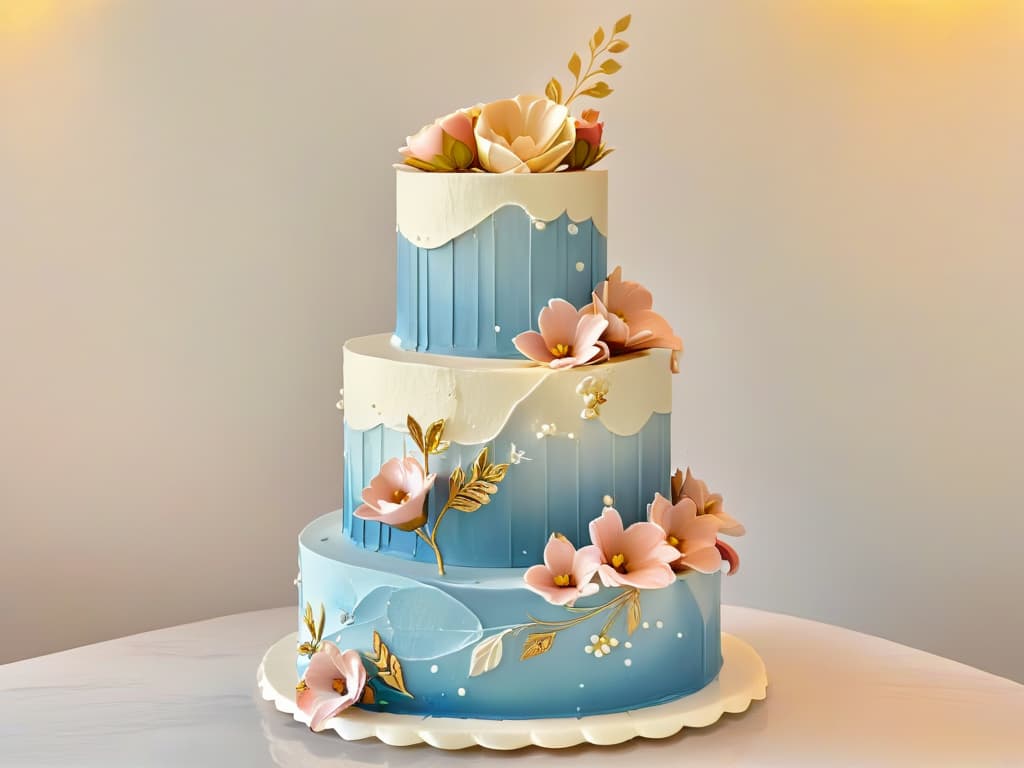  A beautifully intricate threetiered wedding cake standing tall, adorned with cascading sugar flowers in various shades of blush, dusty blue, and gold. Each delicate petal and leaf is meticulously crafted, adding a sense of elegance and romance to the cake. The background is softly blurred, putting the focus solely on the stunning confectionery masterpiece. The lighting highlights the shimmer of edible gold accents, making the cake appear almost ethereal in its beauty. hyperrealistic, full body, detailed clothing, highly detailed, cinematic lighting, stunningly beautiful, intricate, sharp focus, f/1. 8, 85mm, (centered image composition), (professionally color graded), ((bright soft diffused light)), volumetric fog, trending on instagram, trending on tumblr, HDR 4K, 8K