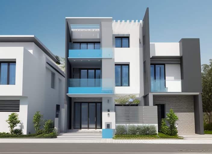  Modern villa exterior architecture, daylight, beautiful modern materials, blue accents on the 3rd floor, bright colors in harmony with the surrounding landscape