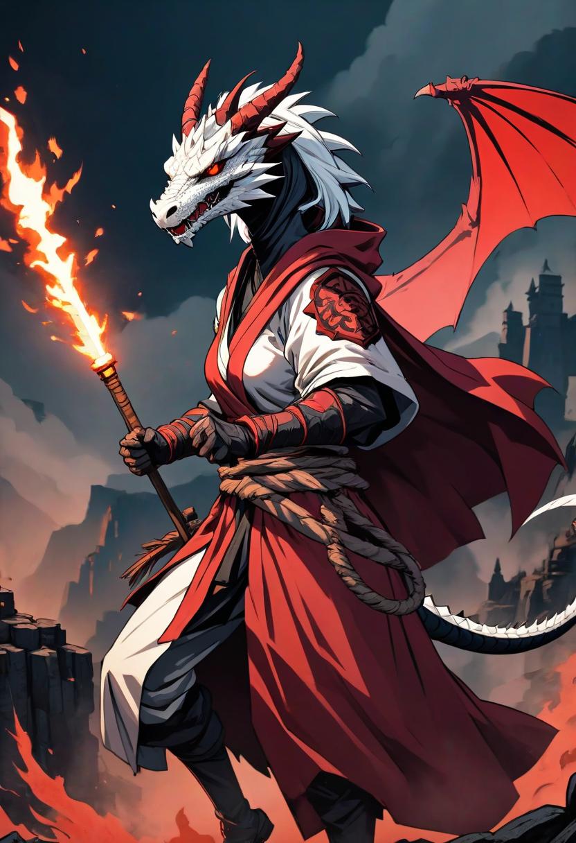  anime artwork Female white dragonborn with a stick, wearing a monk robe, defensive stance, raging, mountainous background, Darkest dungeon style, d&d, aged black red paper, lonely, full body, . anime style, key visual, vibrant, studio anime, highly detailed hyperrealistic, full body, detailed clothing, highly detailed, cinematic lighting, stunningly beautiful, intricate, sharp focus, f/1. 8, 85mm, (centered image composition), (professionally color graded), ((bright soft diffused light)), volumetric fog, trending on instagram, trending on tumblr, HDR 4K, 8K