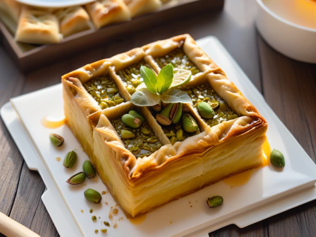  A closeup, photorealistic image of a goldenbrown baklava square, topped with chopped pistachios and drizzled with honey, resting on a delicate white porcelain plate with intricate Greek key patterns. The layers of phyllo dough are perfectly flaky, and the nuts gleam with a hint of sticky sweetness, inviting the viewer to savor the authentic Greek dessert. The background features soft natural light streaming through a window, casting a gentle shadow that enhances the texture and colors of the baklava. hyperrealistic, full body, detailed clothing, highly detailed, cinematic lighting, stunningly beautiful, intricate, sharp focus, f/1. 8, 85mm, (centered image composition), (professionally color graded), ((bright soft diffused light)), volumetric fog, trending on instagram, trending on tumblr, HDR 4K, 8K